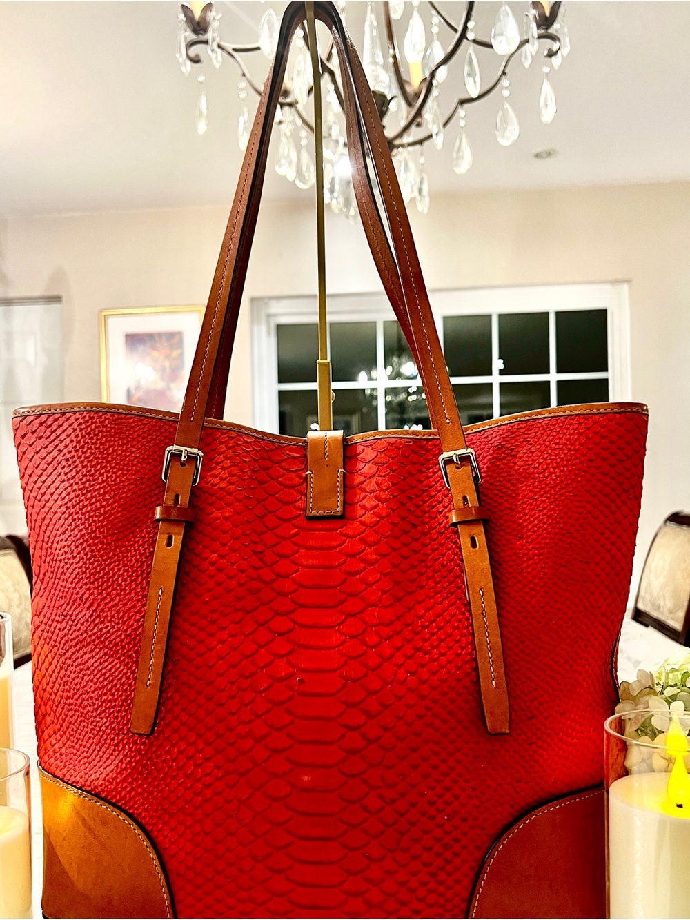 Dooney & Bourke Coral Orange Python Embossed Leather Tote Shoulder Bag Tan Trim - Picture 4 of 14